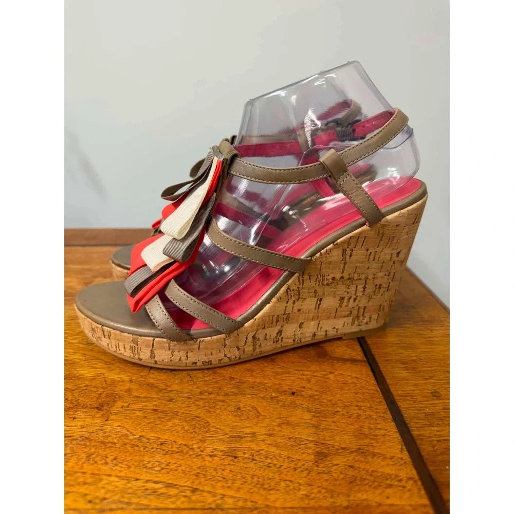 Boden Ruffle Ribbon Cork Wedge Sandals Taupe Pink Orange Size 41 EU 10 US